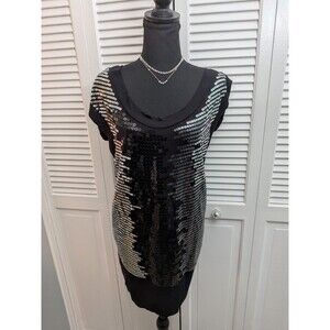 Vertigo Paris Top Mini Women M Black Sequin Slouch Assymetric Slv Art Deco Tunic